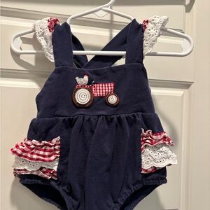 Navy Baby Romper with Red Gingham Tractor Appliqué